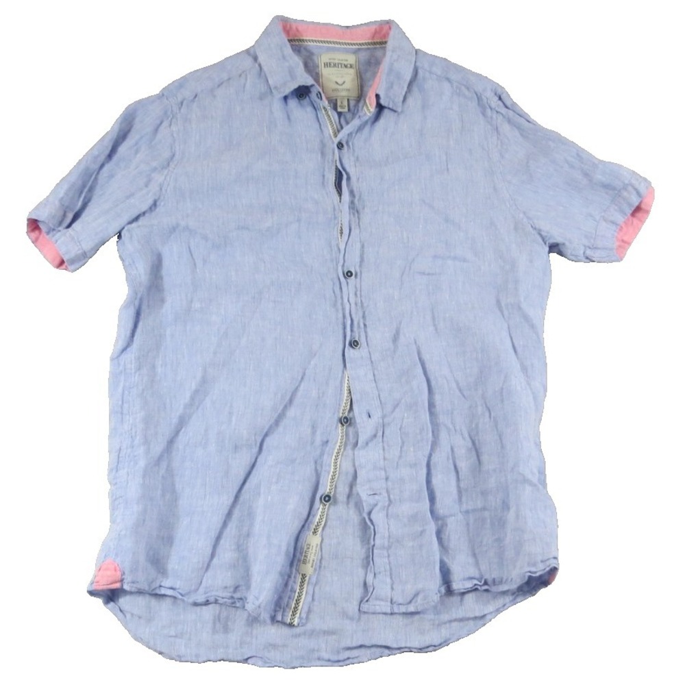 Report Collection Heritage Men L Blue 100% Linen Short Sleeve Button Down Shirt
